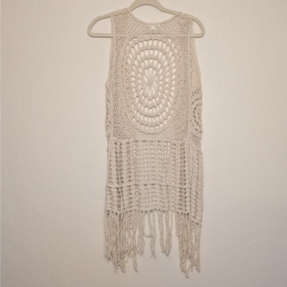 Cato Boho Cream Crochet Knit Long Hippie Vest W/ Fringe Size M Festival - Picture 2 of 6